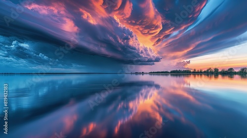 A dramatic storm cloud formation over a calm lake, reflecting the intense colors and patterns of the sky.  photo