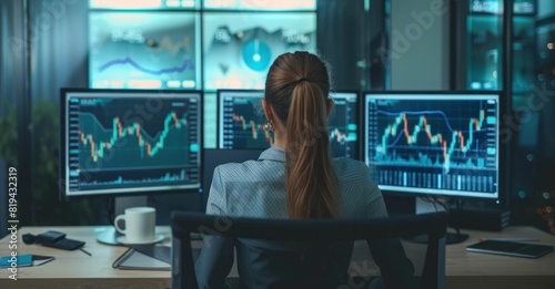 Financial Analyst Monitoring Stock Market Trends on Multiple Computer Screens at Desk in Office Setting