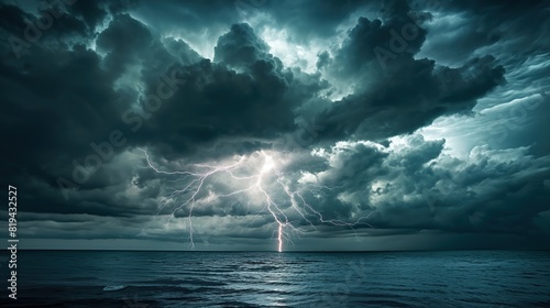 A dramatic thunderstorm over the ocean  with lightning striking the water and dark clouds overhead. 