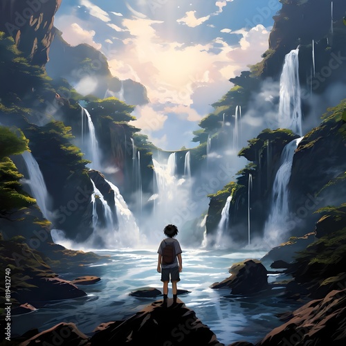 kid staring at the waterfalls, anime styled