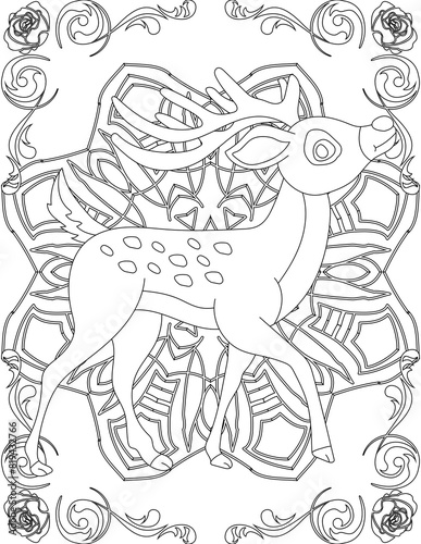 Deer on Mandala Coloring Page. Printable Coloring Worksheet for Adults and Kids. Educational Resources for School and Preschool. Mandala Coloring for Adults © AhmedSherif