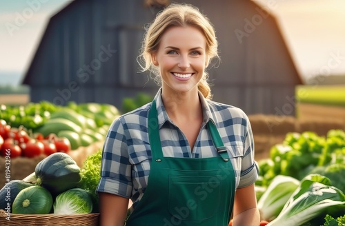 Happy female farmer stay on her farm photo