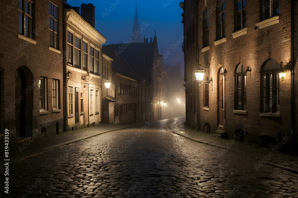 An atmospheric image capturing a foggy, cobblestone lined street in an old town setting, evoking a sense of history and mystery