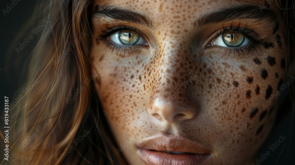 Creative portrait of a beautiful girl with leopard-like skin texture and features, emphasizing a unique artistic vision Creative portrait of a beautiful girl with leopard-like skin texture and features, emphasizing a unique artistic vision