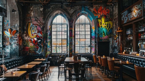 A large and cozy interior of an old gothic pub with high ceilings, large windows at the back wall covered in colorful abstract art