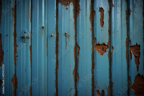 Detailed texture of weathered blue corrugated iron with peeling paint, symbolizing decay and the passage of time