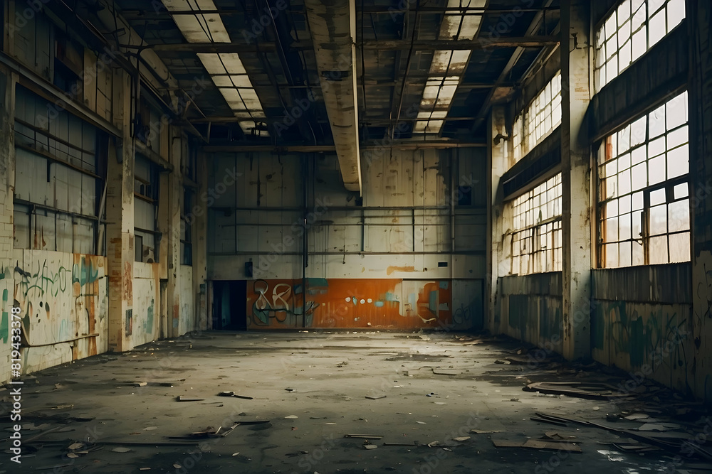 An eerie and spacious abandoned industrial warehouse room with graffiti and debris