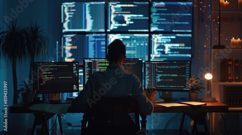 A programmer is coding on three monitors in front of him, code and symbols are displayed on the screens, notes with ideas stand nearby, in an office interior background,