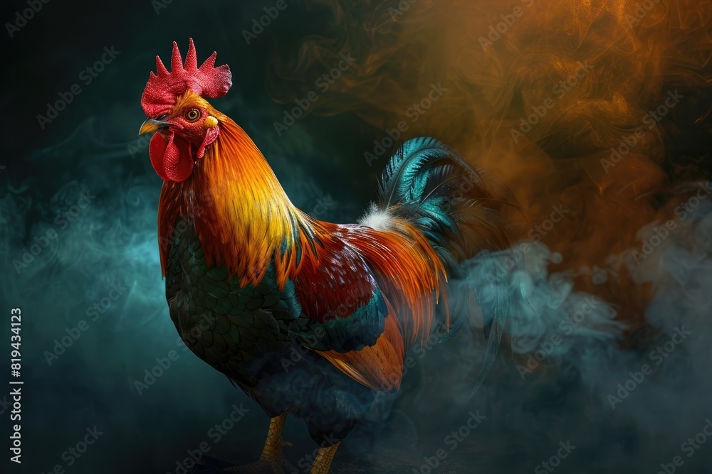 A rooster in a rainbow color gradient smoke, on a dark background, in the hyper realistic style.