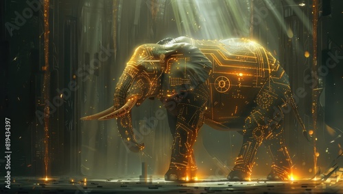 A massive  mystical elephant with glowing golden circuitry and ancient Egyptian symbols standing in an empty room filled with light beams and broken glass.