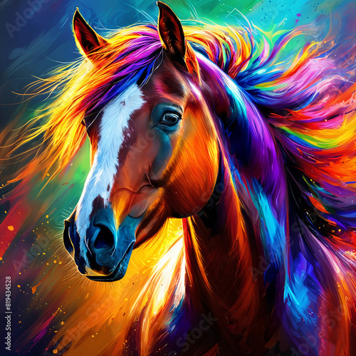 A vibrant and colorful horse with a rainbow mane, standing against a backdrop of bright colors. © Aleksei Solovev