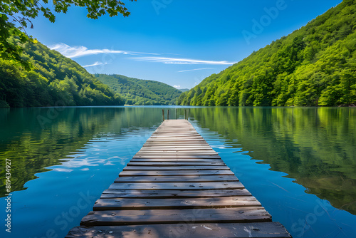 Serene Lakeside View, a Mirror-Like Water Reflecting Lush Greenery Under the Clear Cloud-Covered Blue Sky
