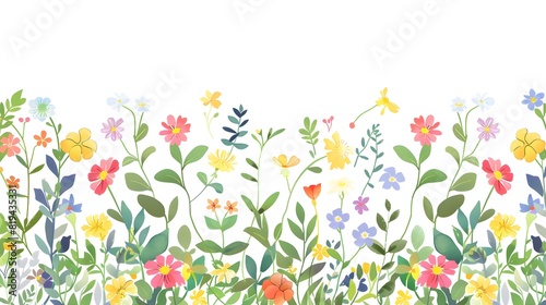 Vector horizontal seamless border with small bright colorful flowers and leaves on a white background. 