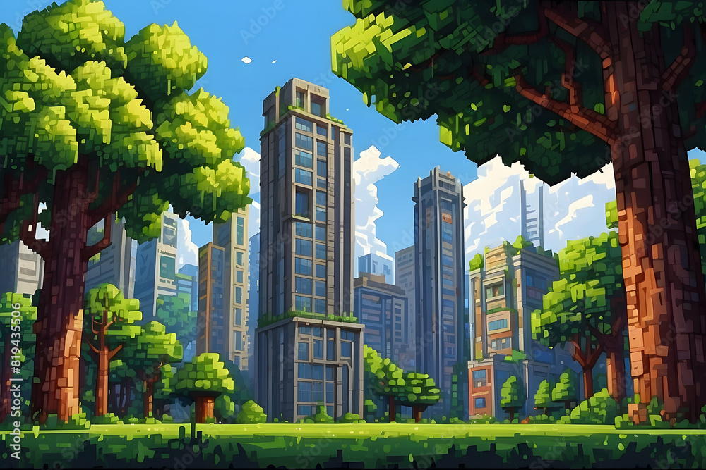 Fototapeta premium A vibrant animated image showcasing a bustling cityscape framed by lush green trees under a clear sky