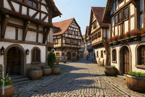 A photorealistic 3D rendering of a quaint European village street with half-timbered houses photo