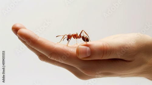 Surreal mini Ant on a hand against a stark white background.
