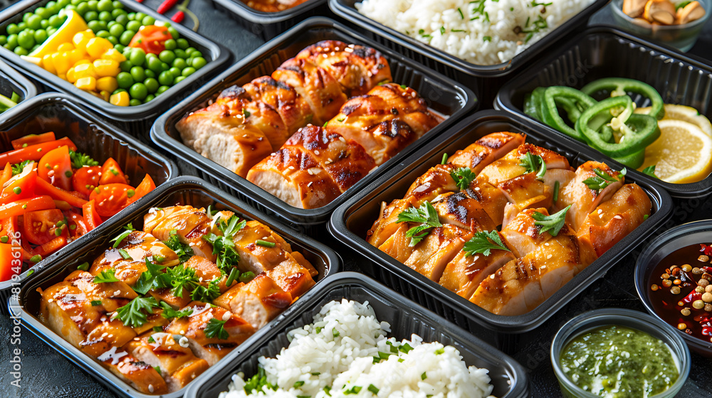 Assorted meal prep dishes with chicken, rice, and vegetables Assorted meal prep dishes with chicken, rice, and vegetables