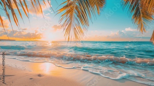 A tropical beach with palm trees and clear blue water  sun shining on the sand  summer vacation 