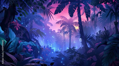 Lush jungle with giant plants glowing in vibrant night colors. photo