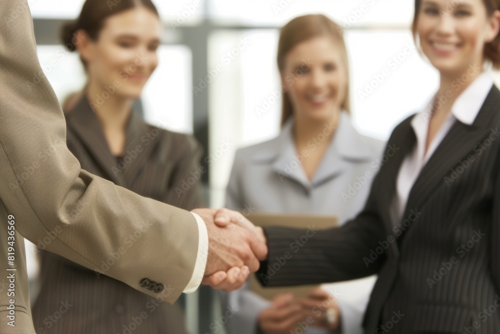 Businesspeople shake hands with female businesspeople smiling for the camera. Team work, work communication. Businesspeople shake hands with female businesspeople smiling for the camera. Team work, work communication.