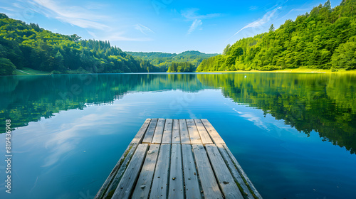 Serene Lakeside View, a Mirror-Like Water Reflecting Lush Greenery Under the Clear Cloud-Covered Blue Sky