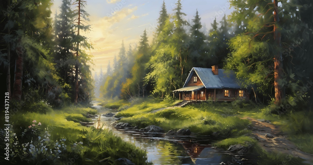 Oil painting. Small Hut on the lake. Generative AI Oil painting. Small Hut on the lake. Generative AI