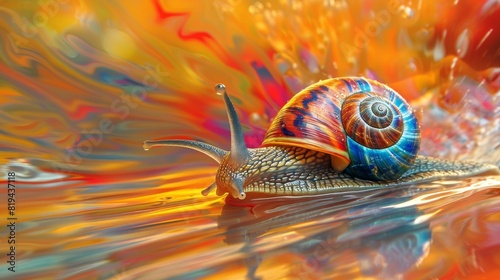 A colorful, vibrant snail moves very fast on a reflective surface with an abstract background,