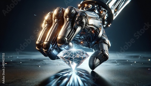 A futuristic robotic hand delicately holds a sparkling diamond, symbolizing the fusion of technology and luxury. photo
