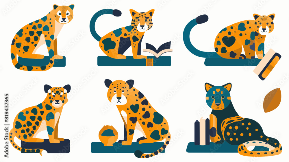 Fototapeta premium full body jaguar cheetah multiple items blue orange spots mascot vector icon sheet generative ai