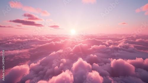 Beautiful sunrise above fluffy pink clouds, creating a serene and peaceful atmosphere with soft hues of pink and purple in the sky.