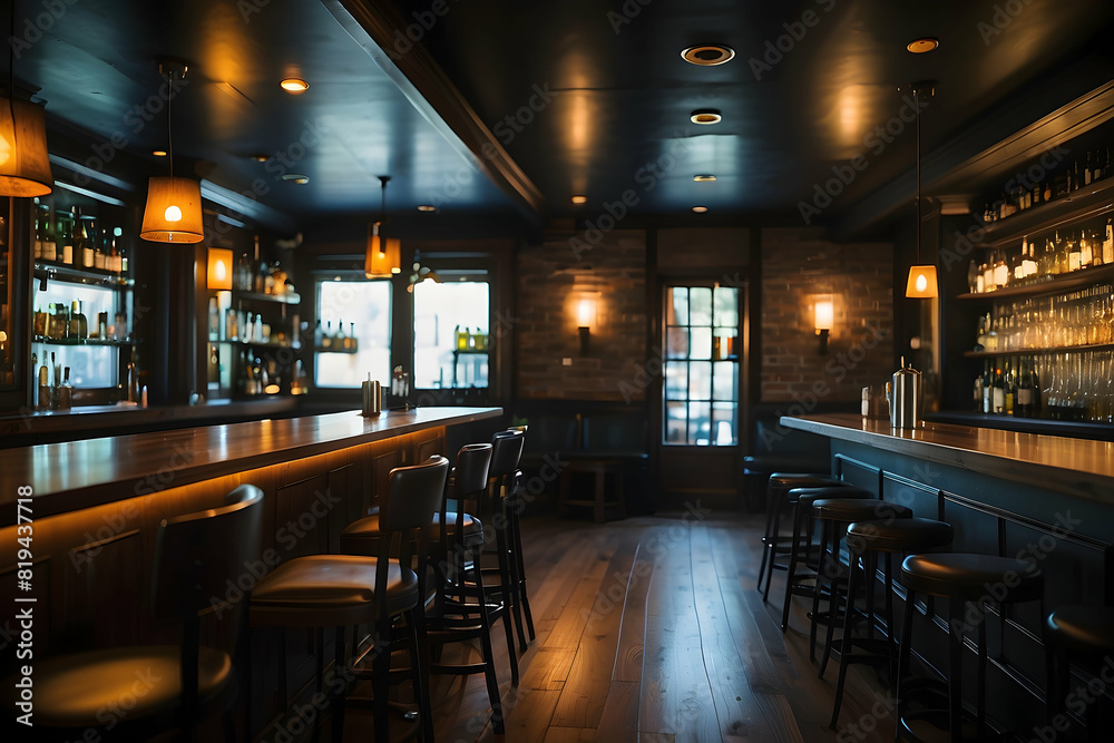 An elegant and warmly lit wooden bar interior, with stools, shelves of bottles, and ambient lighting creating a cozy and inviting atmosphere An elegant and warmly lit wooden bar interior, with stools, shelves of bottles, and ambient lighting creating a cozy and inviting atmosphere