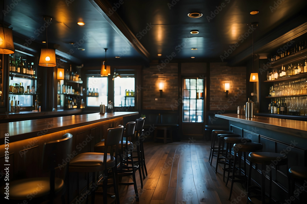 An elegant and warmly lit wooden bar interior, with stools, shelves of bottles, and ambient lighting creating a cozy and inviting atmosphere