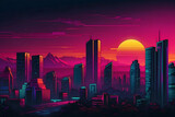 A vibrant neon illustration of a cityscape with skyscrapers and a warm sunset in the background, evoking a futuristic feel