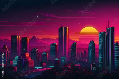 A vibrant neon illustration of a cityscape with skyscrapers and a warm sunset in the background  evoking a futuristic feel