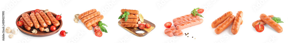 Collage of grilled sausages isolated on white background Collage of grilled sausages isolated on white background