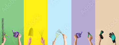Collage of hands holding gardening supplies on color background photo