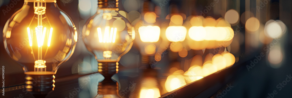 lightbulbs glowing in a row on a table, generative AI lightbulbs glowing in a row on a table, generative AI
