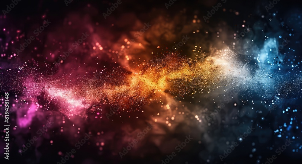 Abstract background with golden powder and colorful dust on a black background. Abstract space wallpaper