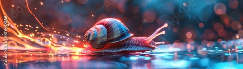 Colorful speedy snail illuminating the night with vibrant lights and reflections, creating a dreamy and enchanting atmosphere.