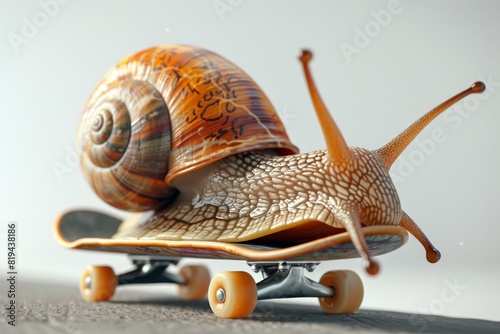 A snail riding a skateboard, blending nature with fun and whimsy, ideal for unique and imaginative purposes.