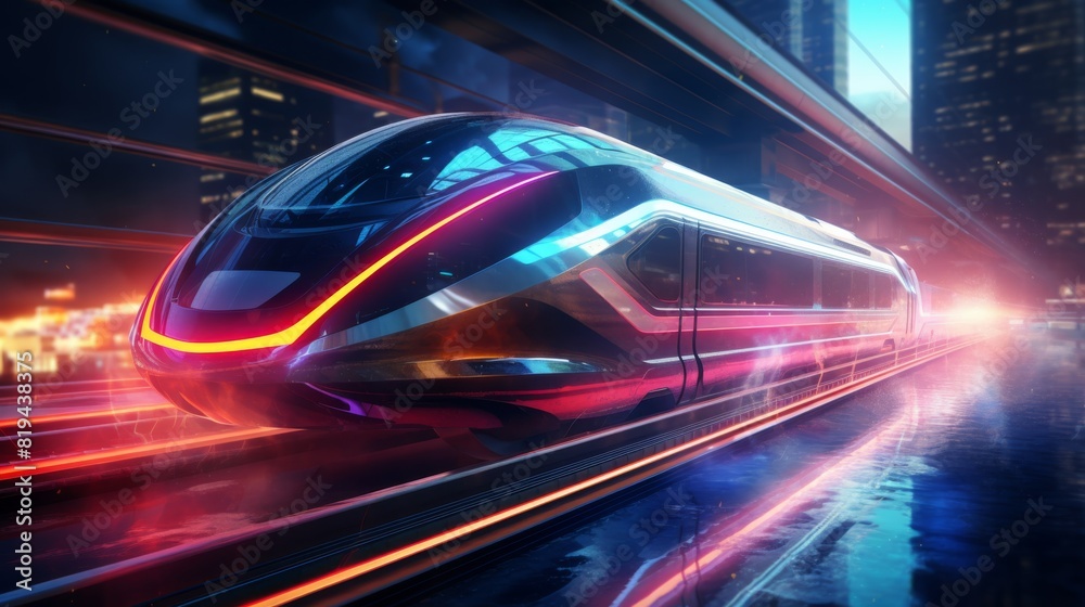Futuristic high-speed train racing through a neon-lit cityscape, showcasing modern transportation and urban innovation.