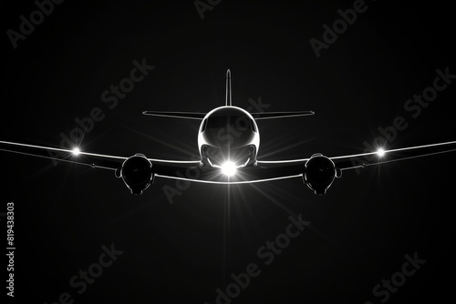 Front view of an airplane in flight at night with illuminated lights.