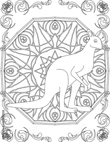 Kangaroo on Mandala Coloring Page. Printable Coloring Worksheet for Adults and Kids. Educational Resources for School and Preschool. Mandala Coloring for Adults