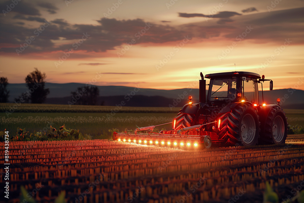 Fototapeta premium Electric tractors, harvesters electric equipment in agriculture efficiency and eco-friendliness reduced environmental impact and improved sustainability in farming practices.
