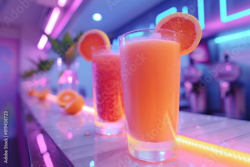 Vibrant neon-themed bar with refreshing orange juices garnished with orange slices, creating a lively and modern atmosphere.