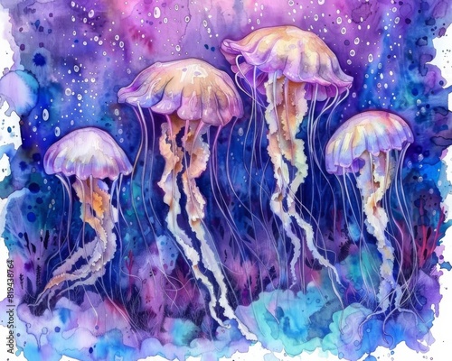 Vibrant watercolor illustration of jellyfish in the ocean, featuring purple and blue hues, showcasing marine life and underwater beauty. © BussarinK