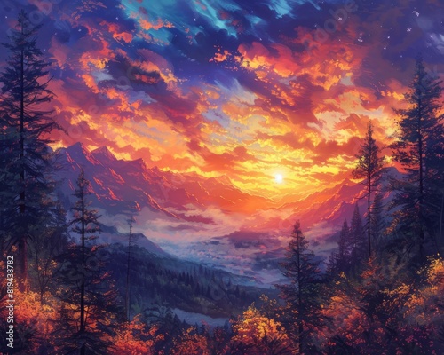 Vibrant sunset over a mountainous landscape with a dramatic sky and silhouetted trees, creating a mesmerizing natural scene.