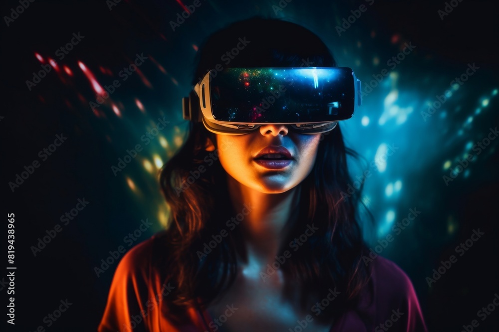 Image projection on a young beautiful woman in VR glasses in dark Image projection on a young beautiful woman in VR glasses in dark