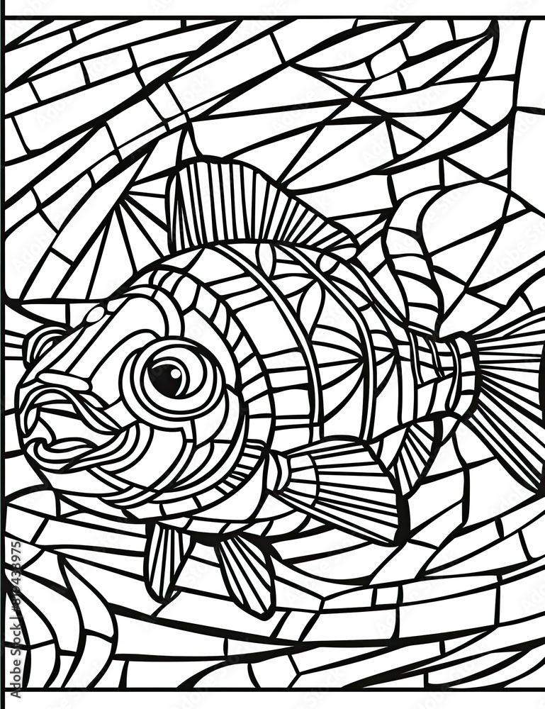 no shading black and white coloring book b&w stained glass catfish window, adults coloring book style, well composed, clean adult coloring book page