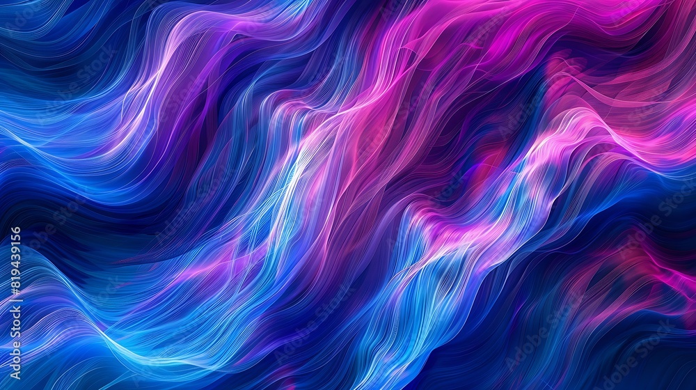 Abstract fluid lines intertwining with vibrant hues of blue and purple, forming a mesmerizing wave pattern